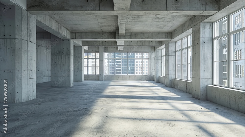 Empty concrete room with windows and sunlight