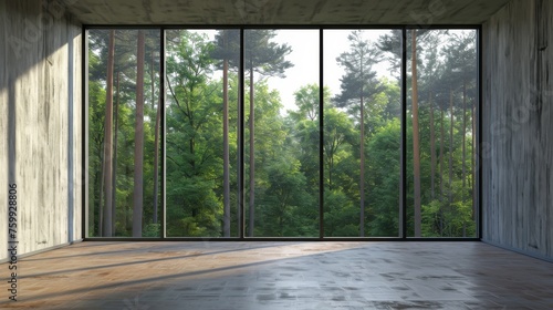 Modern interior of an empty room with a green forest outside the window