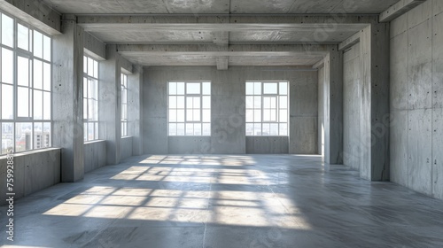 Empty room with large windows and concrete walls