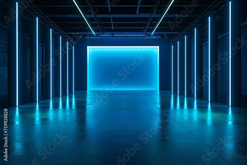 A room devoid of furnishings or people, with a distinct blue light emanating from the far end, casting a cool hue on the walls.