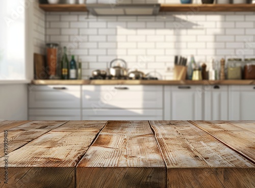 Wooden table top with blurred kitchen interior background for product display