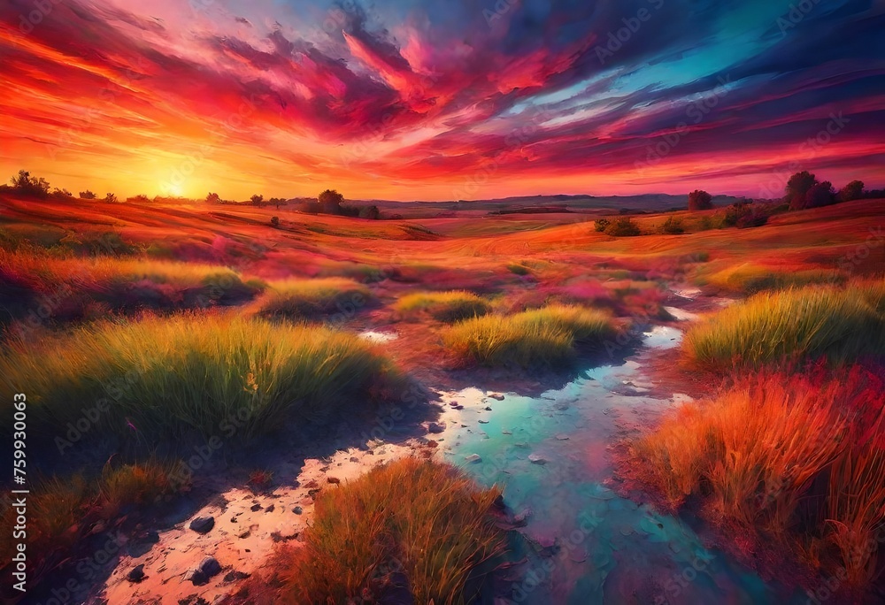 Vistas of Color. Escape to Reality series. Visually pleasing composition of surreal sunset sunrise colors and textures for subject of landscape painting, imagination, creativity and art