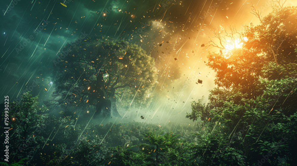 A forest with a tree that is on fire and rain falling. Scene is dark and ominous A forest with a tree that is on fire and rain falling. Scene is dark and ominous