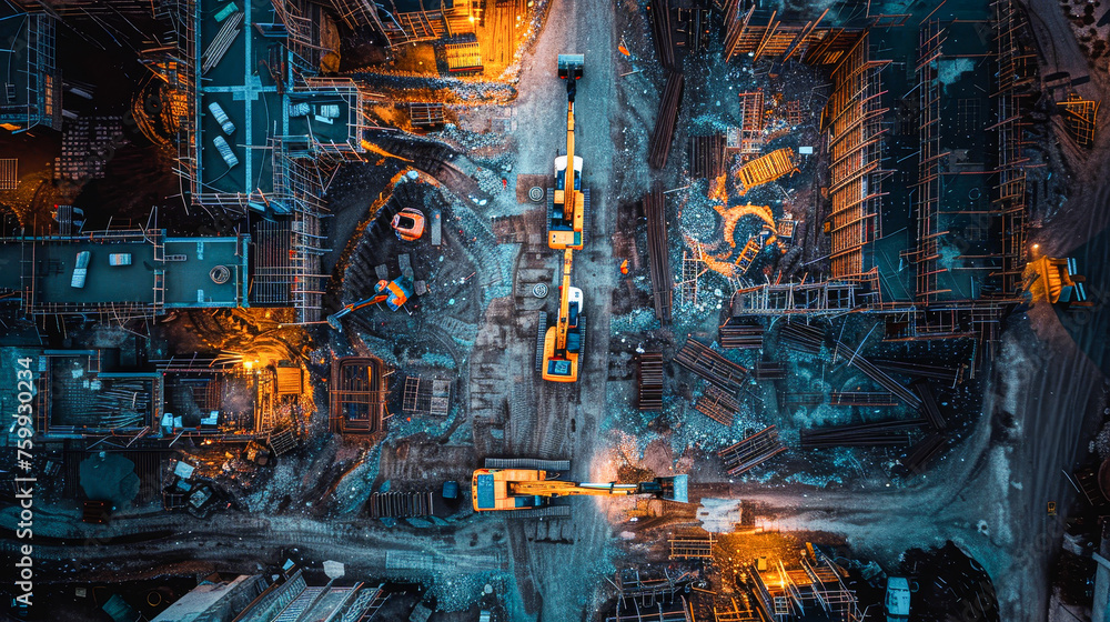 A city skyline with a crane in the middle. The crane is surrounded by other construction equipment. The sky is dark and the city is lit up with lights A city skyline with a crane in the middle. The crane is surrounded by other construction equipment. The sky is dark and the city is lit up with lights