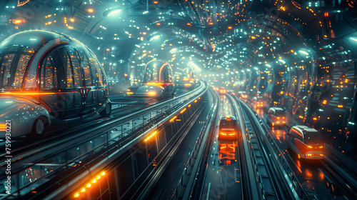 A futuristic city with many cars and trains traveling through a tunnel. The cars are all different shapes and sizes  and the trains are also of various sizes. The tunnel is lit up with bright lights