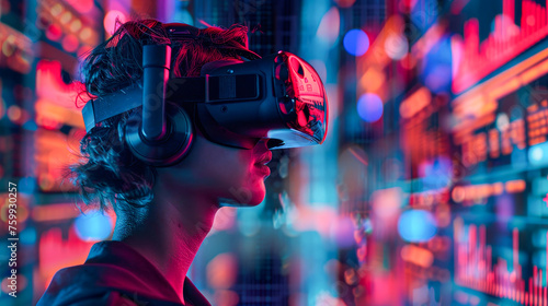 A man wearing a virtual reality headset is looking at a screen with a city background. Concept of immersion and excitement, as the viewer is transported into a virtual world