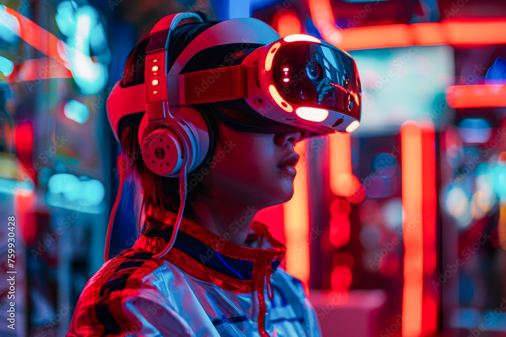 A woman wearing a VR headset is standing in front of a neon sign. The ...