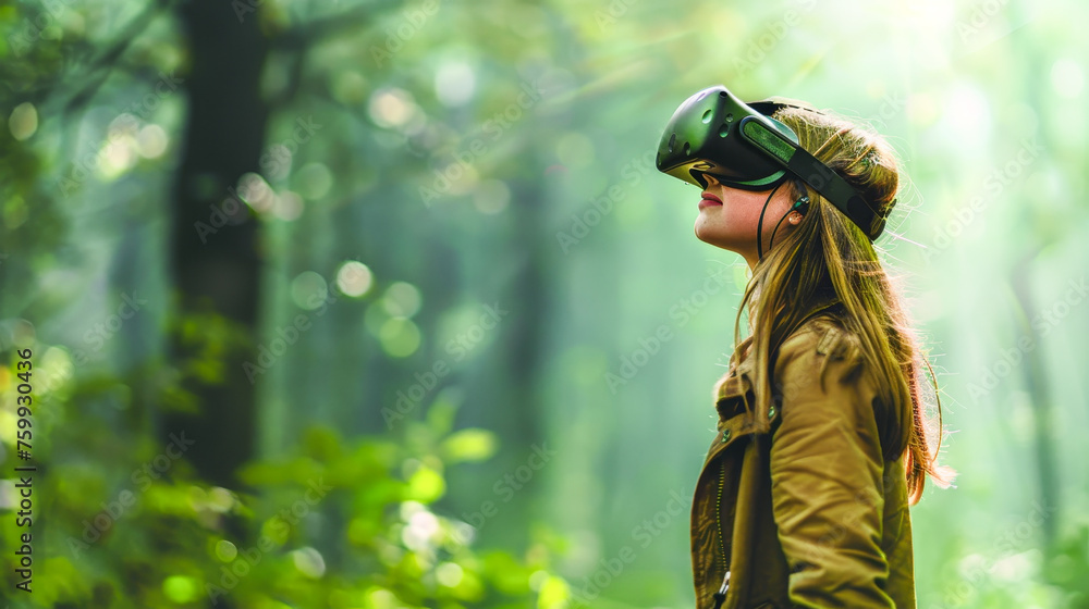 A woman wearing a VR headset is standing in a forest. She is smiling and looking up at the sky