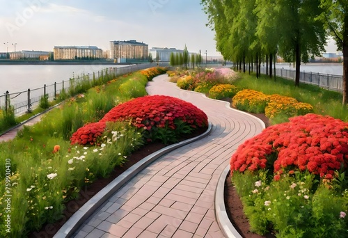 Modern urban landscaping. Kaban Lake Embankment in Kazan, Russia. A walkway among the flowers. © Muhammad Faizan