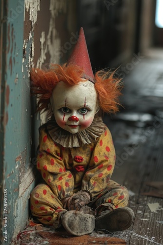 a clown doll with a creepy face sitting in the dark hallway