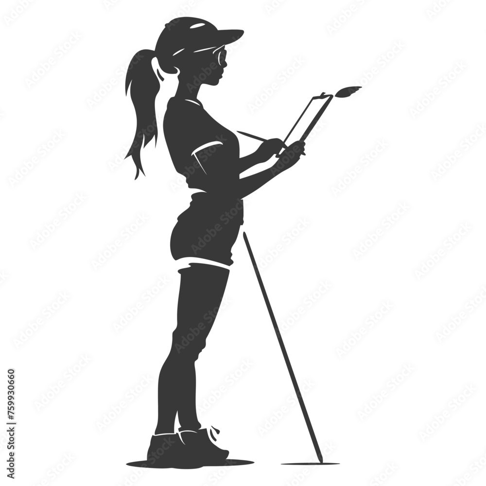 Silhouette artist girl painting in action black color only Silhouette artist girl painting in action black color only
