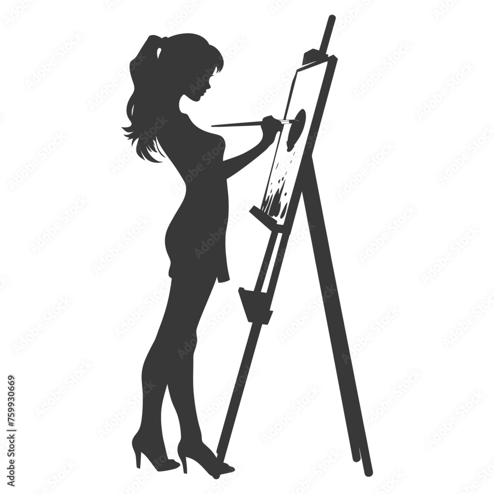 Silhouette artist girl painting in action black color only Silhouette artist girl painting in action black color only