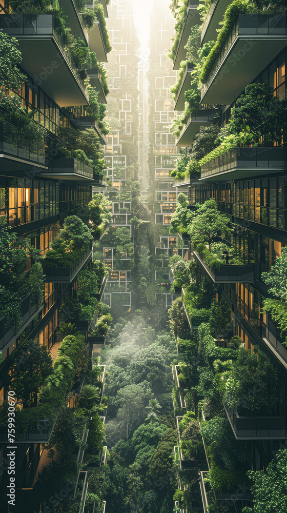 A green cityscape with tall buildings and a green tunnel. The buildings are covered in plants and the tunnel is filled with greenery. Concept of nature and urban life blending together in harmony