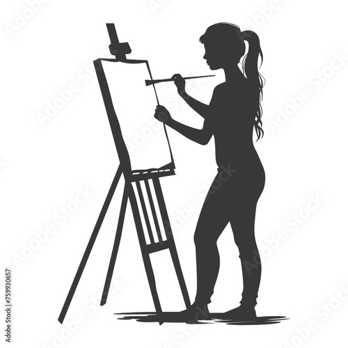 Silhouette artist girl painting in action black color only