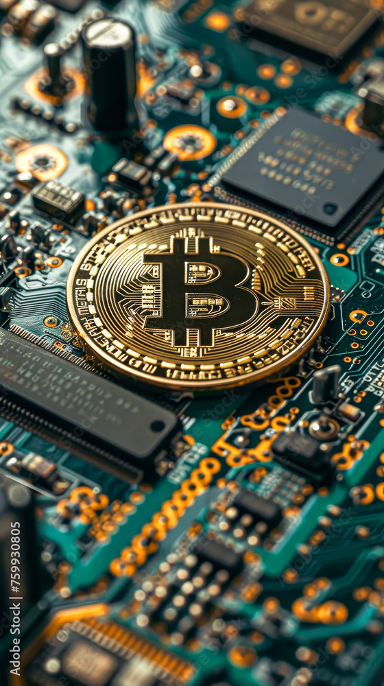 A gold coin with the letter B on it is sitting on a computer ...