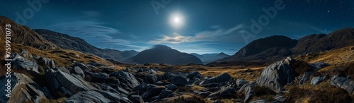 A cinematic panoramic view of full moon hovering over mountains
