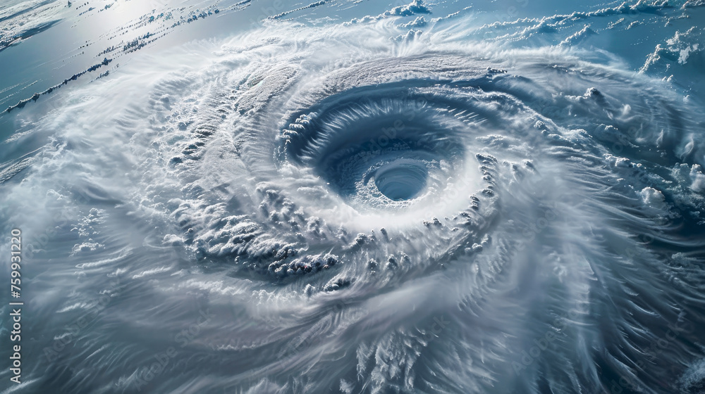 A swirling storm cloud with a hole in the center. The storm is very large and powerful. The sky is filled with white clouds and the storm is moving towards the ground