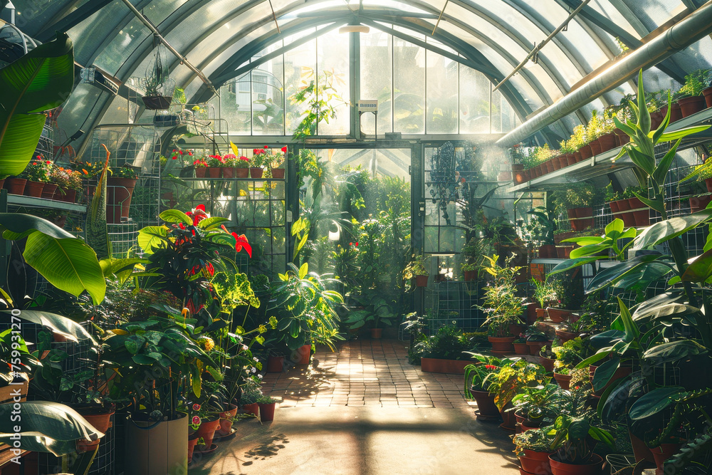 A greenhouse filled with plants and flowers. The plants are arranged in rows and are of various sizes. The atmosphere is bright and cheerful, with sunlight streaming in through the glass ceiling