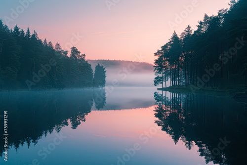 A calm lake with a beautiful pink and orange sky in the background. The trees surrounding the lake are tall and lush