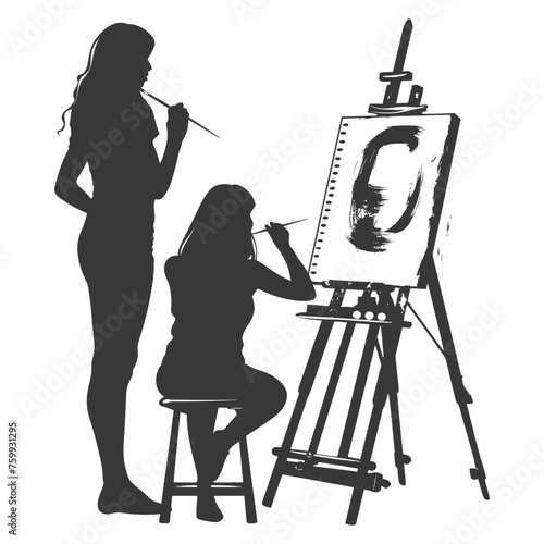 Silhouette artist women painting in action black color only