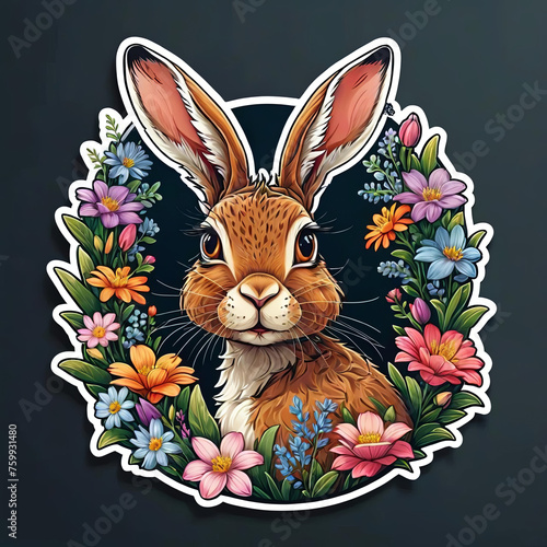 Close-Up Hare Portrait with Floral Sticker on Dark Background Gen AI photo