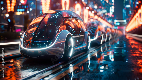 A futuristic car is driving down a city street with neon lights reflecting off the wet pavement. The scene is set in a futuristic city with tall buildings and a busy street © Kowit