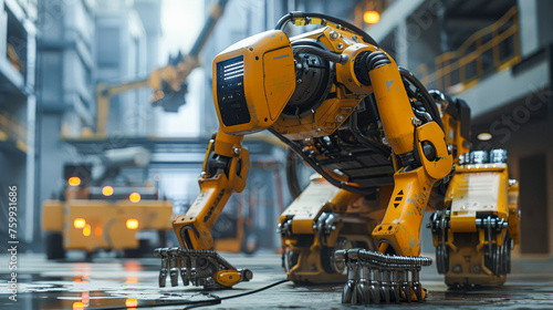 A yellow robot is standing in a factory. The robot is surrounded by machinery and is the only thing visible in the image. Scene is industrial and mechanical