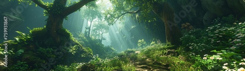 beautiful cinematic landscape of enchanted forest, fairies from fantasy game