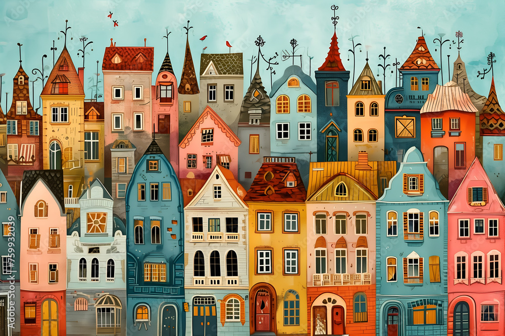Folk art illustration with Scandinavian houses Folk art illustration with Scandinavian houses