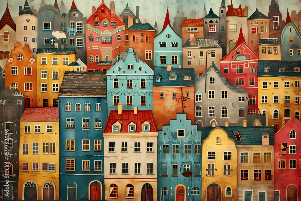 Folk art illustration with Scandinavian houses Folk art illustration with Scandinavian houses