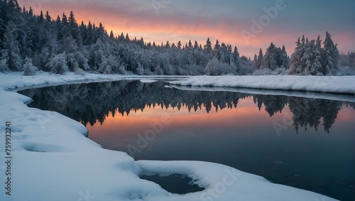 Winter landscape with reflection in the water.