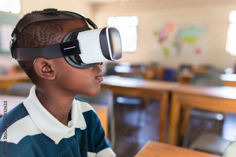 Kid wearing Virtual Reality glasses, fully immersed in virtual reality educational scenario. Learning experiences, providing engaging and interactive lessons that enhance understanding. Kid wearing Virtual Reality glasses, fully immersed in virtual reality educational scenario. Learning experiences, providing engaging and interactive lessons that enhance understanding.
