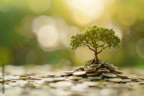 Sustainable finance concept with a money tree growing from a pile of coins Indicating profitable eco-friendly investments