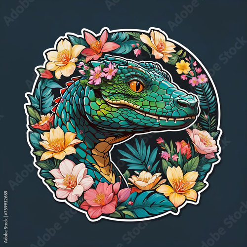 Close-Up Komodo Dragon Portrait with Floral Sticker in Ultra-Crisp 8K Resolution Gen AI photo