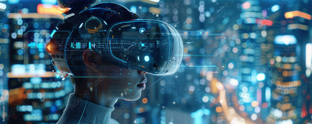 Fototapeta premium A woman wearing a virtual reality headset is looking at a cityscape. Concept of futuristic technology and the idea of exploring a new world
