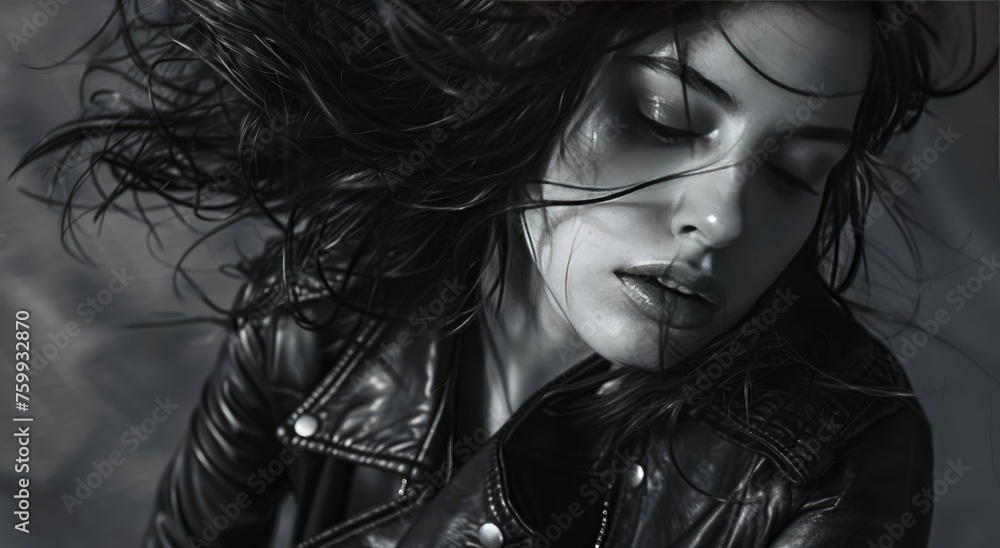 Monochrome Portrait of Woman with Wind-Blown Hair,  Black and white artistic shot capturing a serene young woman with her hair flowing in the wind, wearing a leather jacket