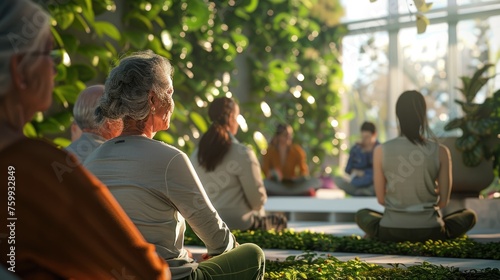 Serene Meditation in Greenhouse Gathering, Group of diverse individuals in peaceful meditation at a sunlit greenhouse, surrounded by lush greenery