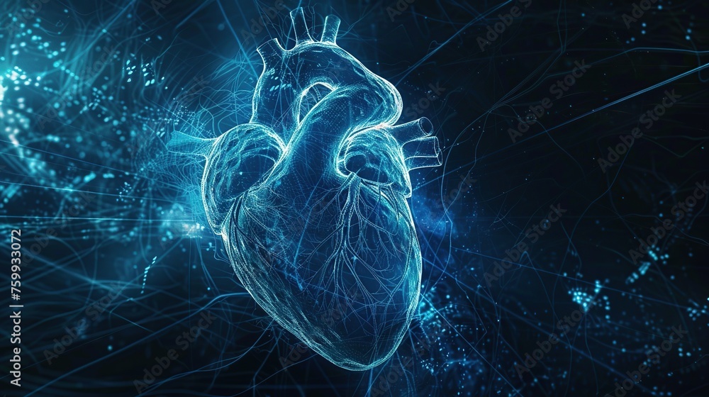 An artistic digital representation of the human heart in a blue ...