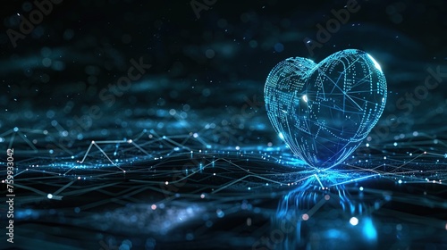 This image presents a conceptual glowing blue digital heart with intricate connections, symbolizing love or health in the digital era. Ideal for themes involving romance, technology