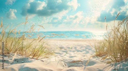 Wallpaper Mural Scenic beach landscape with sea oats and dunes against a bright sky, ideal for illustrating concepts of solitude and peace, suitable for environmental or travel-related design, with room for text. Torontodigital.ca