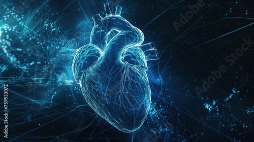 An artistic digital representation of the human heart in a blue wireframe design, highlighting the concept of technology in medicine. Perfect for educational or medical technology themes