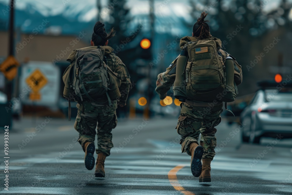 Soldiers on an Urban Jog,  Two uniformed soldiers with backpacks run across a city street, capturing a moment of military training amidst urban life - obrazy, fototapety, plakaty 