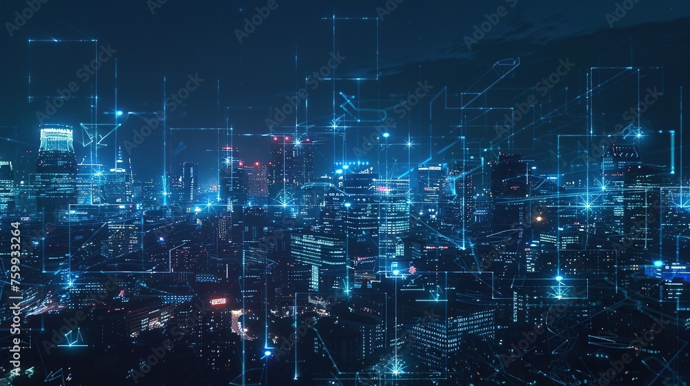 A visual concept of a dark urban skyline with interconnected glowing lines suggesting a digital metropolis, perfect for illustrating urban technology themes or modern communication A visual concept of a dark urban skyline with interconnected glowing lines suggesting a digital metropolis, perfect for illustrating urban technology themes or modern communication