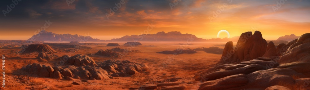 Fototapeta premium panoramic view of a vast desert landscape at sunrise