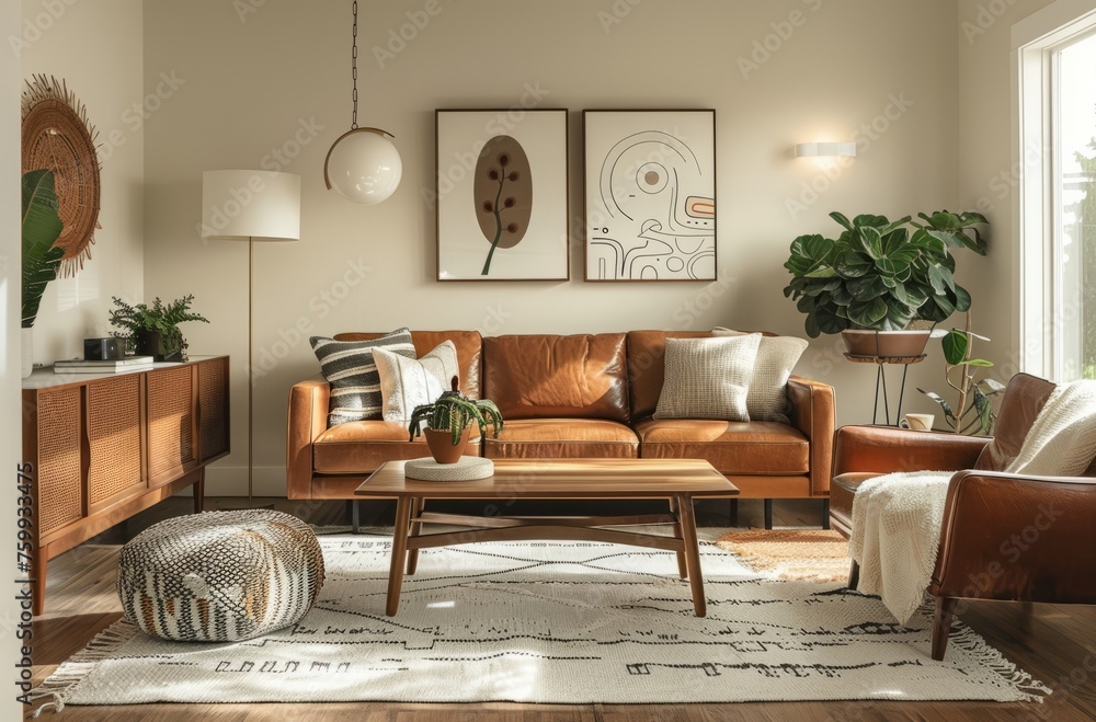 Obraz premium Living room with a brown leather sofa, coffee table and armchair in the style of retro-inspired designs, soft beige walls