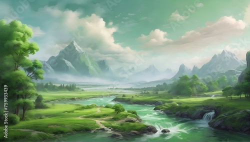 landscape of rivers and mountains in a fantasy world.