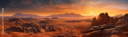 panoramic view of a vast desert landscape at sunrise