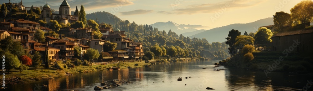 Medieval landscape with village and trees, river and mountains Medieval landscape with village and trees, river and mountains