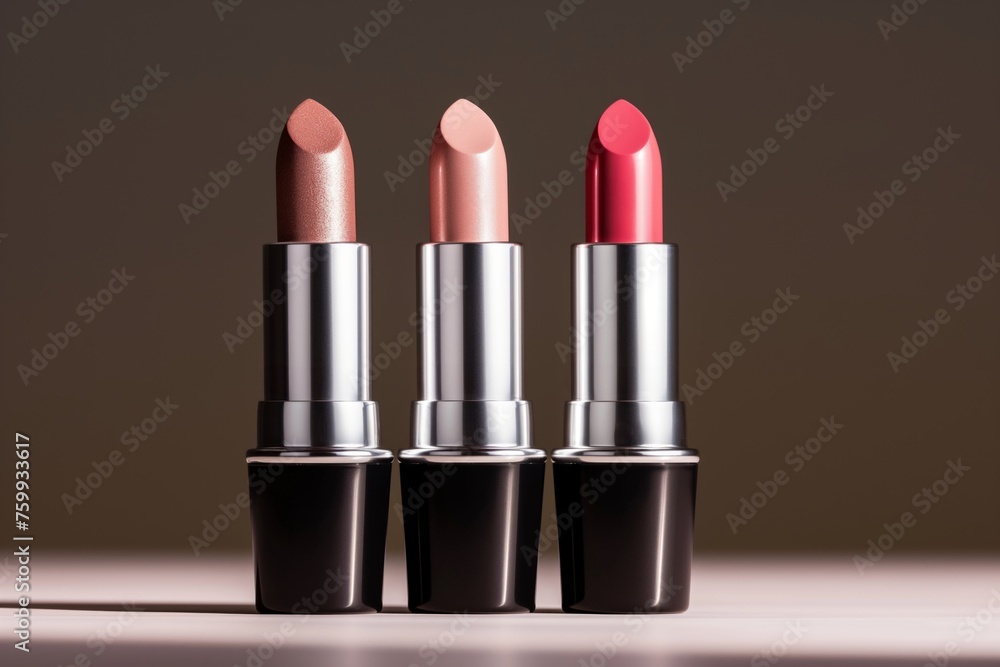 Three pastel pink lipsticks in tubes against beige background in sunlight Three pastel pink lipsticks in tubes against beige background in sunlight