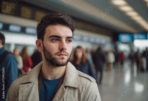 Young male traveler with backpack waiting at the airport departure terminal